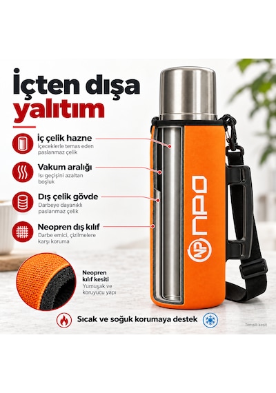 Npo Nt01 2 Katman Vakum Teknolojili 24h Sıcak 48hsoğuk 72hbuzlu Koruma Çelik Termos Turuncu Kılıflı