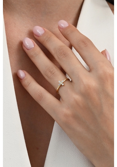 Gümüş Altın Yaldızlı Zirkon Taşlı Tiny Clover Yonca Yüzük Barcode Gold