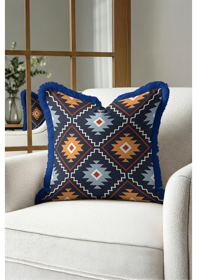 Etnik Kilim Saçaklı Yastık Kılıfı - Geometrik Navajo Retro Turuncu Lacivert Püsküllü Kırlent Kılıfı Serin Lagün Saten Etnik Kilim Saçaklı Yastık Kılıfı - Geometrik Navajo Retro Turuncu Lacivert Püsküllü Kırlent Kılıfı Serin Lagün Saten