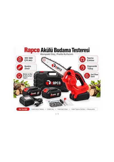 Algaride Rapc Bsdj-12 36v 4ah Çift Akülü Budama Testeresi Şarj Cihazlı Zincirli Dal Ve Odun Kesme Seti