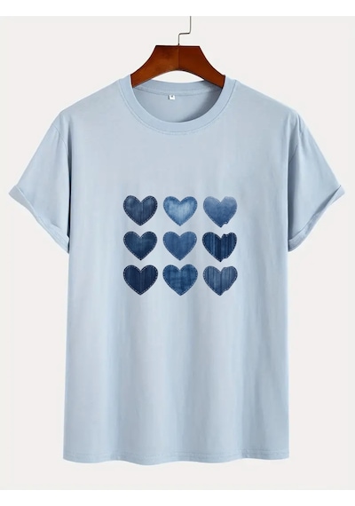Uyguntarz Unisex Jean Desenli Kalp Tasarım Basklı Tshirt Bebe Mavisi
