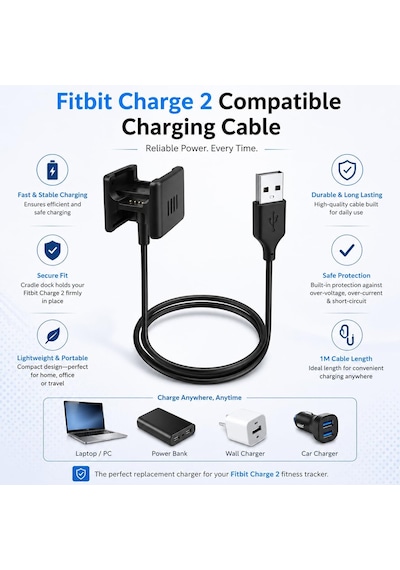 Caseonn Fitbit Charge 2 Manyetik Usb Hızlı Şarj Kablosu Siyah