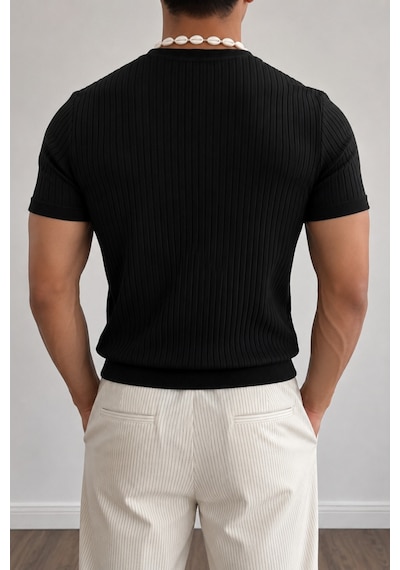 Tarz Cool Erkek Slim Fit Fitilli Triko Tişört Bisiklet Yaka Premium Pamuk Basic Yazlık T-shirt Siyah