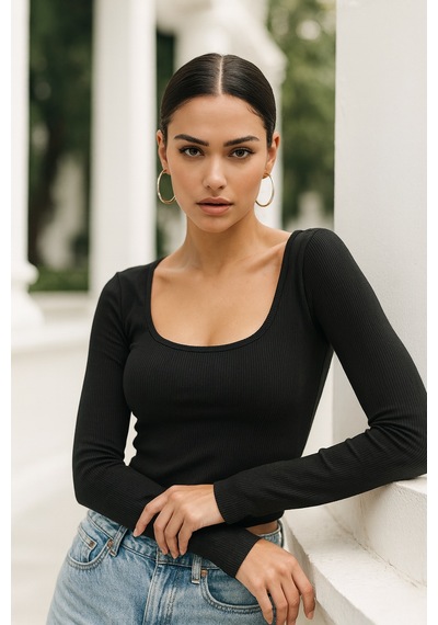Rich Kadın Siyah Soft Touch Fitilli Uzun Kollu Bluz Siyah