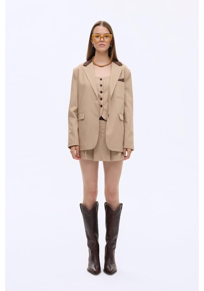 Quzu 00823 Kontrast Yaka Mendil Garnili Oversize Kadın Blazer Ceket Bej