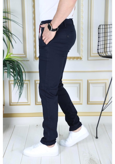 Phantom Jeans Erkek Lacivert Slim Fit Esnek Likralı Armürlü Keten Pantolon Bağcıklı Kemerli Beli Lastikli Şık Pant Lacivert