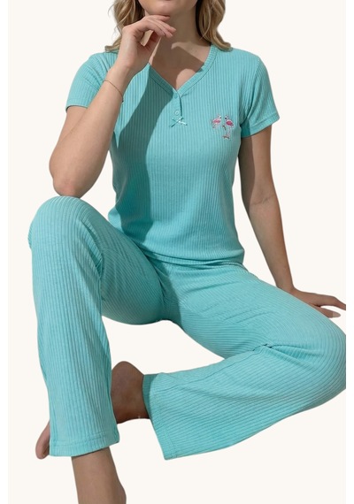 V Yaka Fiyonk Detaylı Yarım Kollu Kadın Pijama Takımı Mavi