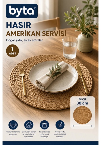 Hasır Amerikan Servisi 38 Cm Yuvarlak Supla 1 Adet Dekoratif Sofra Altlığı Kahverengi