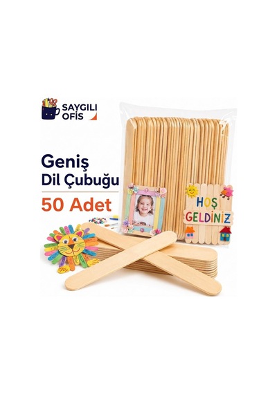 Saygılıofis 50 Adet Geniş Dil Çubuğu Ahşap Büyük Abeslang Dondurma Dil Basma Ağda Çubuk 50'li