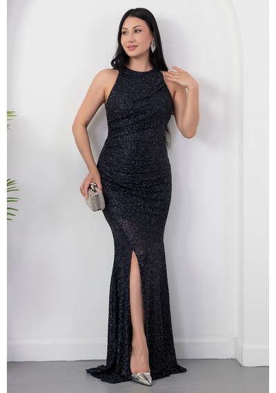 Kalopya Halter Yaka Yırtmaçlı Boncuklu Elbise 41099 Lacivert