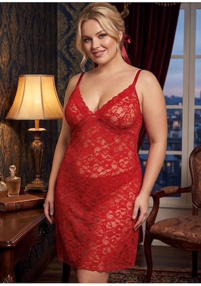 Sistina Star - 82 - Serisi Büyük Beden Kırmızı Dantel Gecelik - - Myceshop - Beden 3xl