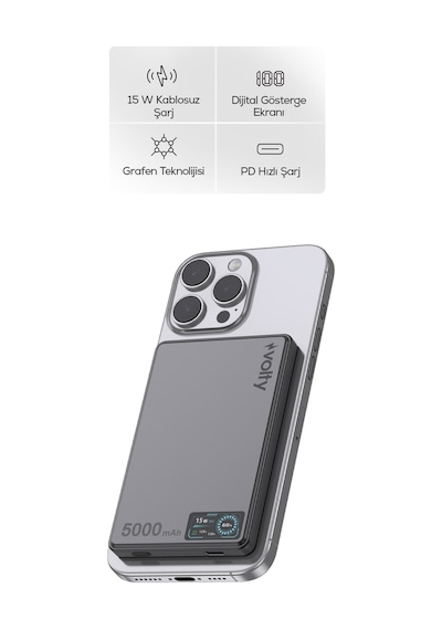 Magsafe Powerbank 5000 Mah 15w Kablosuz, 20w Pd Hızlı Şarj, Dijital Ekran, 115g V0601001 Gri