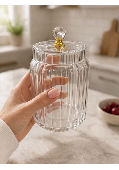 Qerhome 3'lü Borosilikat Cam Optik Çizgili Kristal Gold Kapaklı Kavanoz Seti 630 Ml Şeffaf