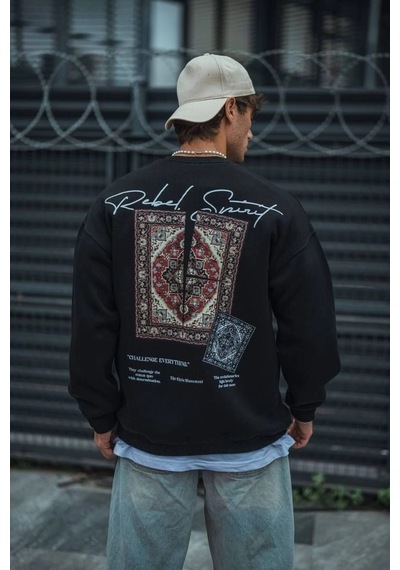 Barlashive Erkek 3 İplik Pamuklu Bisiklet Yaka Baskılı Sweatshirt - Siyah Çok Renkli