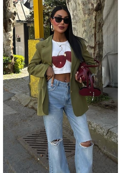 Uzun Kollu Ve Düğme Kapamalı Kruvaze Yakalı Oversize Blazer Kadın Keten Ceket Haki Haki