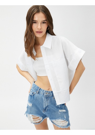 Koton Crop Poplin Gömlek Kısa Kollu Pamuklu Kırık Beyaz 3sak60018pw 3SAK60018PW001 Ekru