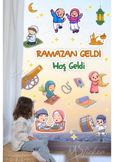 Ramazan Geldi Hoş Geldi Cam Duvar Sticker Seti, Ramazanı Coşkuyla Karşılayan Çocuklar Ramazan Süsü Çok Renkli