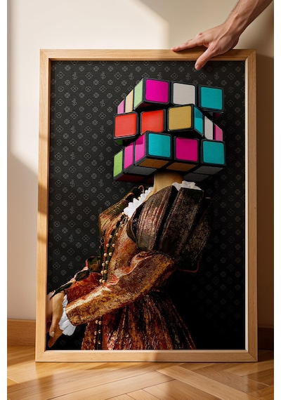 Rubik Küpü Kafalı Kadın Çerçeveli Tablo Rönesans Tarzı Renkli Küp Başlıklı Modern Ofis Dekoru Modifiye Sanat