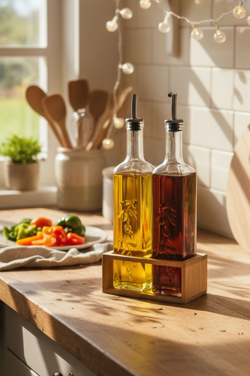 Snippy Olea - 2'li Ahşap Yüksek Standlı Cam Zeytinyağı Şişesi Yağdanlık Damlatmaz Yağlık Sirkelik 500ml Ahşap
