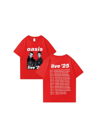 Flood Of Style Oasis Canlı 25 Tur Grafik T-shirt Adam Kadın Sıcak Satış 100% Pamuk Rahat O-boyun Kısa Kollu Kırmızı