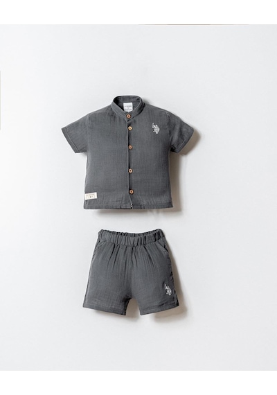 U.S. Polo Assn. Erkek Bebek 2 Li Şort Gömlek Takım Koyu Gri-2256 gri
