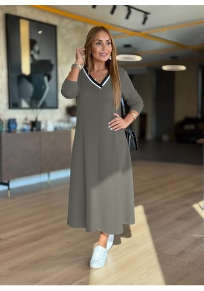 Veraura Lifestyle Kadın Uzun Kollu V Yakalı Midi Çağla Yeşili Modal Elbise Yeşil