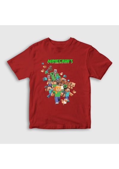 Presmono Unisex Çocuk All Minecraft T-shirt Kırmızı