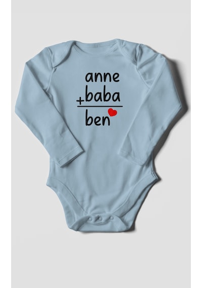 Anne Baba Ve Ben Baskılı Bebek Zıbını Çıtçıtlı Body %100 Pamuk Uzun Kol Bebe Mavisi