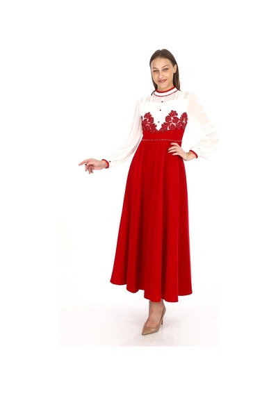 Göğüs Dantel İşlemeli Kadife Abiye 2743- Kırmızı