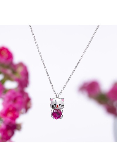 Kedi Pembe Zirkon Taşlı 925 Ayar Gümüş Kadın Kolye