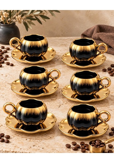 Valkyrie 6 Kişilik Siyah Gold Balkabağı Model Türk Kahvesi Fincan Takımı 12 Parça 80 Ml Çeyizlik Siyah
