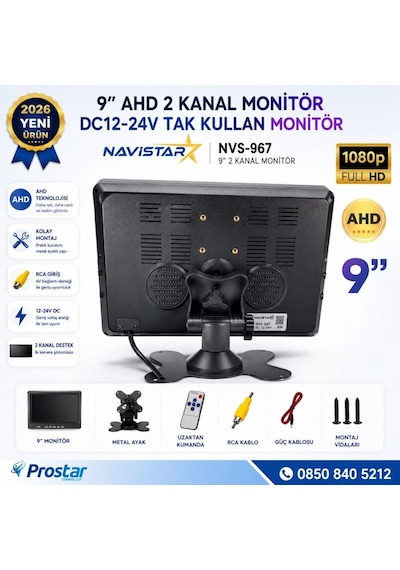 9 İnç Şapkalı 2 Kanal Ahd Rca Sarı Soketli Araç Monitörü 1080p 720p Analog Destekli Dc 12-24v