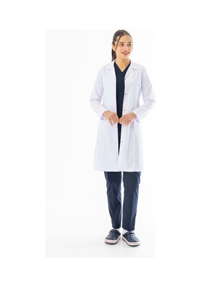 Spor Yaka Uzun Boy Kadın Doktor Önlüğü Alpaka Kumaş Beyaz Bko007 Beyaz