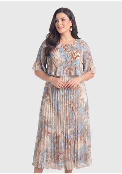 Lilas Xxl Büyük Beden Mavi Çiçek Desen Baskılı Şifon Elbise Açık Mavi