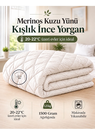 Tek Kişilik %100 Merinos Kuzu Yünü Kışlık İnce Yorgan Doğal Yün Dolgulu Beyaz