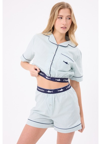 Lespadon Marısılk Seastrıpe Kadın Yazlık Şortlu Crop Gömlekli Pijama & Lounge Takımı-3177 Yesil