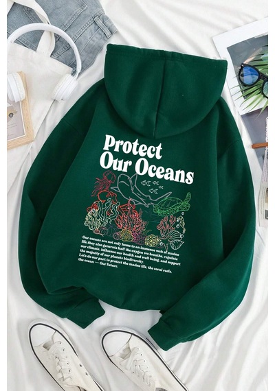 Oceans Baskılı Oversize Sweatshirt Yeşil