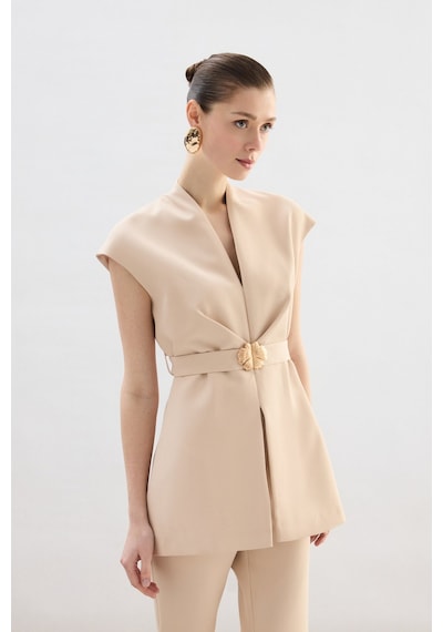 Sateen Aksesuar Kuşaklı Kolsuz Bluz - Bej-136734 Bej
