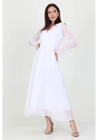 Dip Moda Kadın Kuşaklı Astarlı Uzun Şifon Elbise Dpnb003 BEYAZ Dip Moda Kadın Kuşaklı Astarlı Uzun Şifon Elbise Dpnb003 BEYAZ