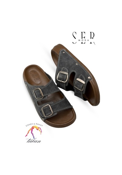 Sermoda Erkek Terlik - Çift Toka Ayarlanabilir Esnek Taban Deri Erkek Terlik T Füme