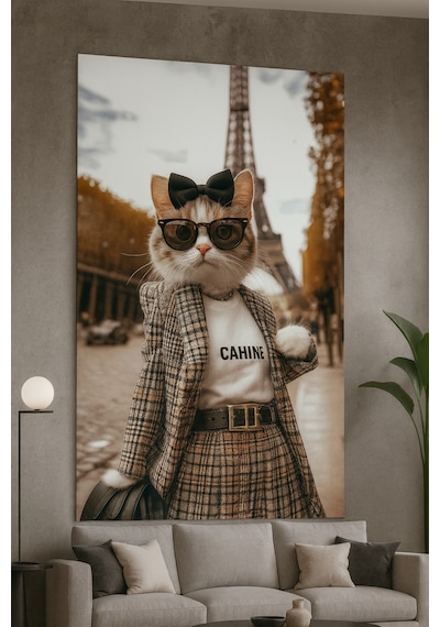 Paris Moda Kedisi Cam Tablo Şık Gözlüklü Ve Takımlı Sanat Tasarım
