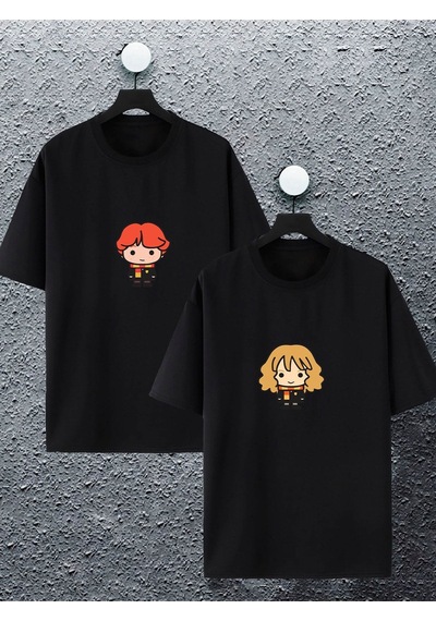 Unisex Kadın Erkek Ron Ve Hermoni Baskılı Sevgili Çift Kombini Tasarım Oversize T-shirt 2'li Siyah1 Mck2402 Siyah