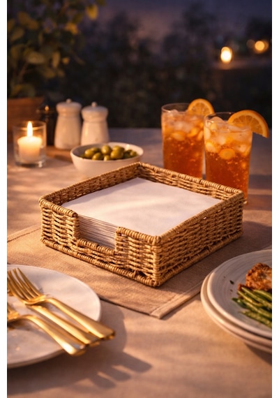 Rattan Hasır Peçetelik 4 Lü Set 17.5x17.5x6.5 Cm Standart Peçete Uyumlu Dekoratif Sunumluk Açık Kahverengi