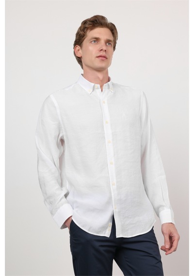 İmza Beyaz Düğmeli Yaka Uzun Kol Cepsiz Slim Fit Modal Gömlek 1004260162