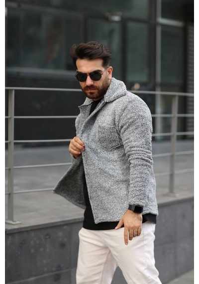 Sr Tekstil Pelüş Ceket Unisex Normal Kalıp Cep Detaylı Gri