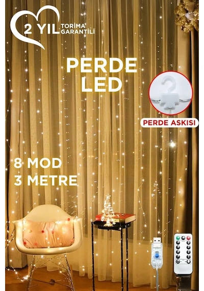 Torima Lw-7 300 Ledli 10 Sarkıt Perde Led Işık, 8 Modlu Uzaktan Kumandalı, 3x3 Metre Peri Telli Led
