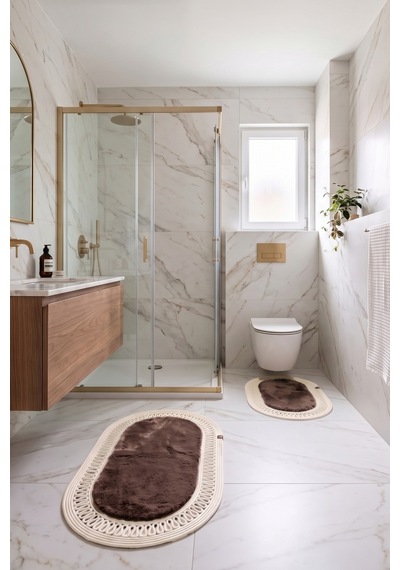Banyo Paspası Takımı 60x100+40x60 Cm İç Trikot Mouss Kahve & Krem