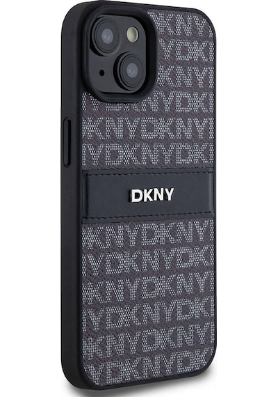 Apple Uyumlu iPhone 15 Kılıf Dkny Lisanslı 3d Yazılı Repeat Texture Pattern Kapak Siyah