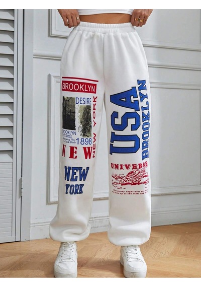 Coolane Letter Graphic Elastic Waist 4 Mevsim Eşofman Beyaz