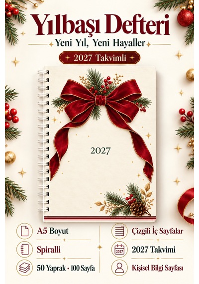 A5 Spiralli Defter 2027 Takvimli 50 Yaprak 100 Sayfa Çizgili Krem Kırmızı Fiyonk Desenli Not Defteri Bej